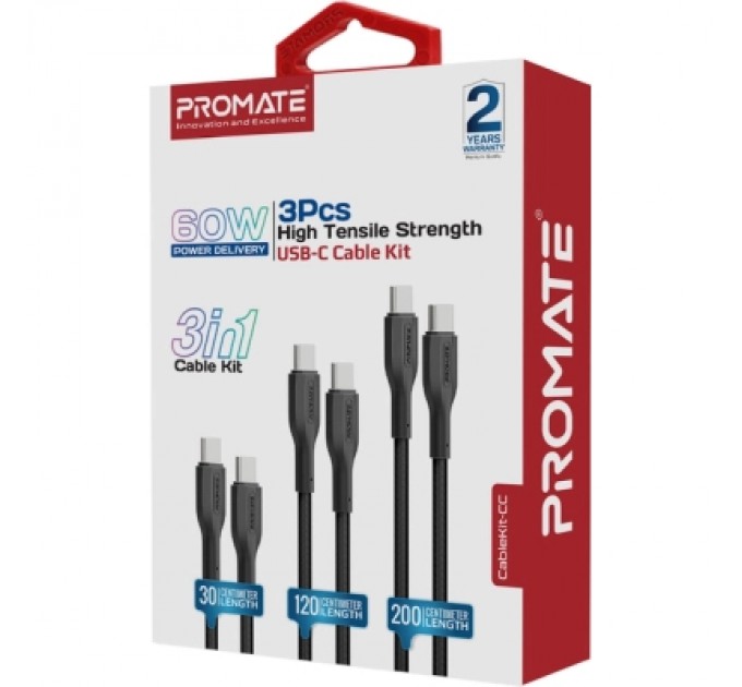 Дата кабель USB-C to USB-C cablekit-cc.black Promate (cablekit-cc.black)
