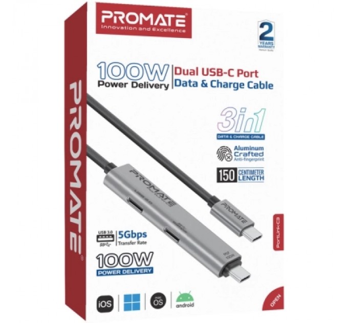 Promate Дата кабель USB-C to USB-C portlink-c3.black Promate (portlink-c3.black)