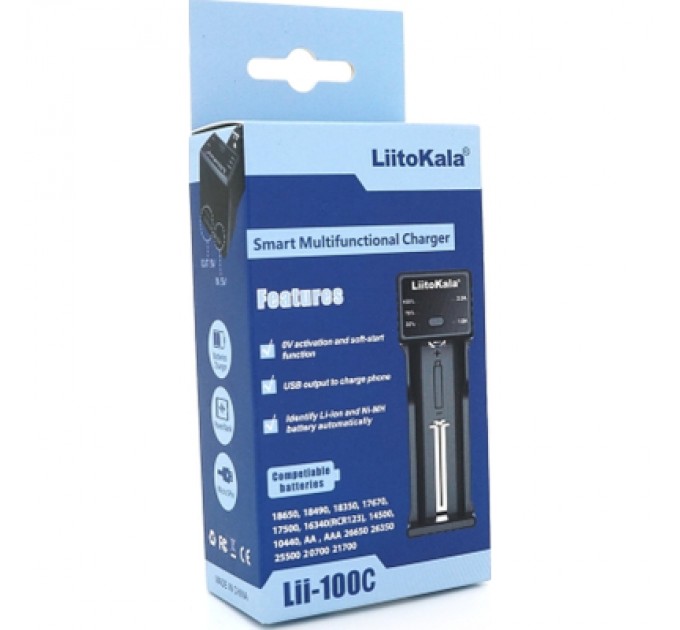 Liitokala Зарядний пристрій для акумуляторів Liitokala 1 Slot, LED disp, USB, Li-ion/3.7V/3.8V, Li-Fe/3.2V, Ni-MH/1.2V (Lii-100C)