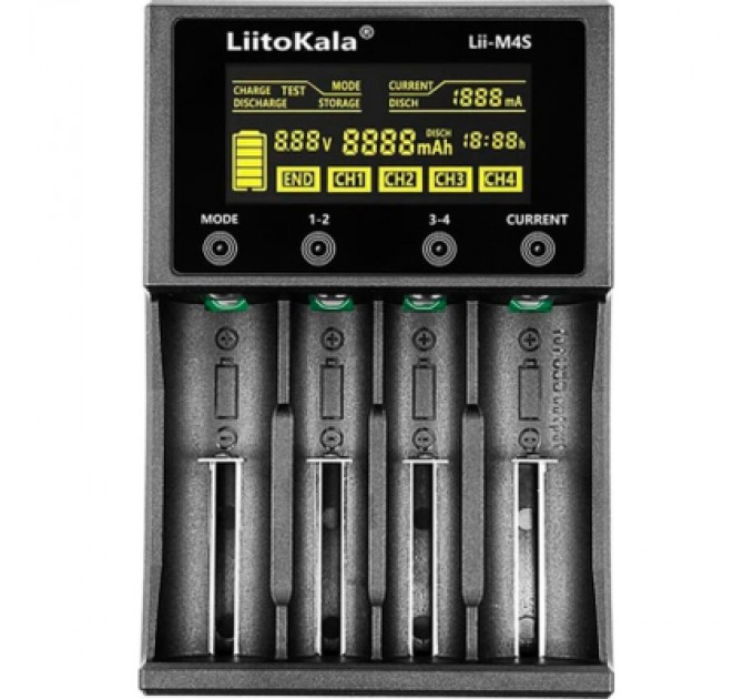 Liitokala Зарядний пристрій для акумуляторів Liitokala 4 Slots, Type-C, LED disp, Li-ion 3.7V/1.2V, AA/AAA, 18650/26650/16340/14500/10440/18500 (Lii-M4S)