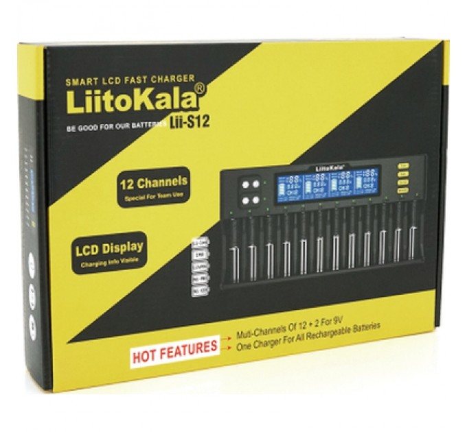 Liitokala Зарядний пристрій для акумуляторів Liitokala 12 Slots+2, Ni-Mh/Li-ion/LiFePo4/Крона, LED+LCD (Lii-S12)