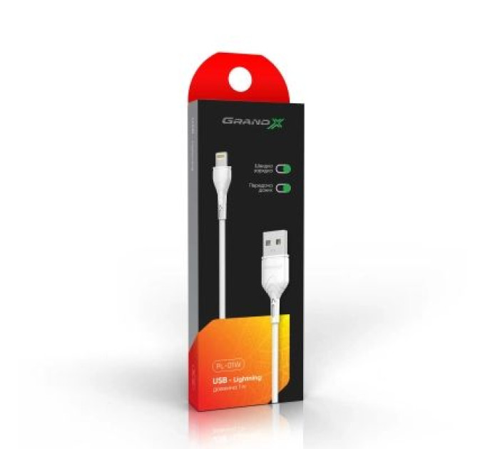 Grand-X Дата кабель USB 2.0 AM to Lightning 1.0m Cu, 2.1А White Grand-X (PL01W)