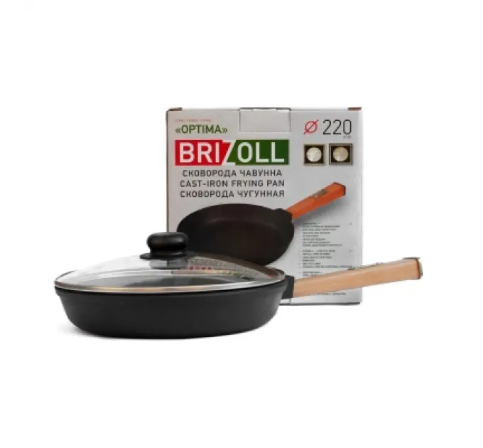 Brizoll Сковорода Brizoll Optima чавунна з ручкою та скляною кришкою 220х40 мм (O2240-P-C)
