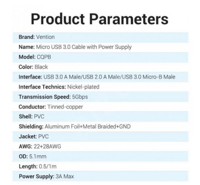 Vention Кабель для принтера Vention 2in1 USB - USB Type-B 3.0 (M/M), 0.5 м, Black (CQPBD)