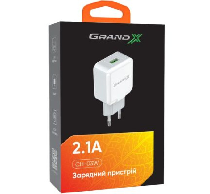 Grand-X Зарядний пристрій Grand-X 5V 2.1A White (CH-03W)