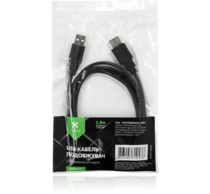 Vinga Дата кабель USB 2.0 AM/AF 1.8m Vinga (VCPUSBAMAF1.8BK)
