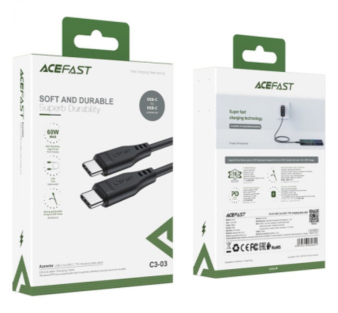 Acefast Дата кабель USB-C to USB-C 1.2m 3A TPE C3-03 Black Acefast (6974316280842)