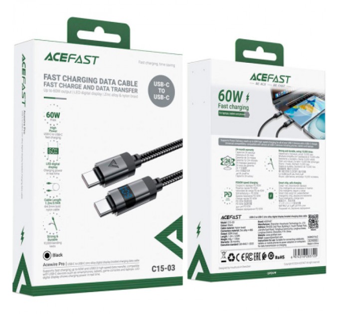 Acefast Дата кабель USB-C to USB-C 1.2m 60W digital display C15-03 Black Acefast (6974316283720)