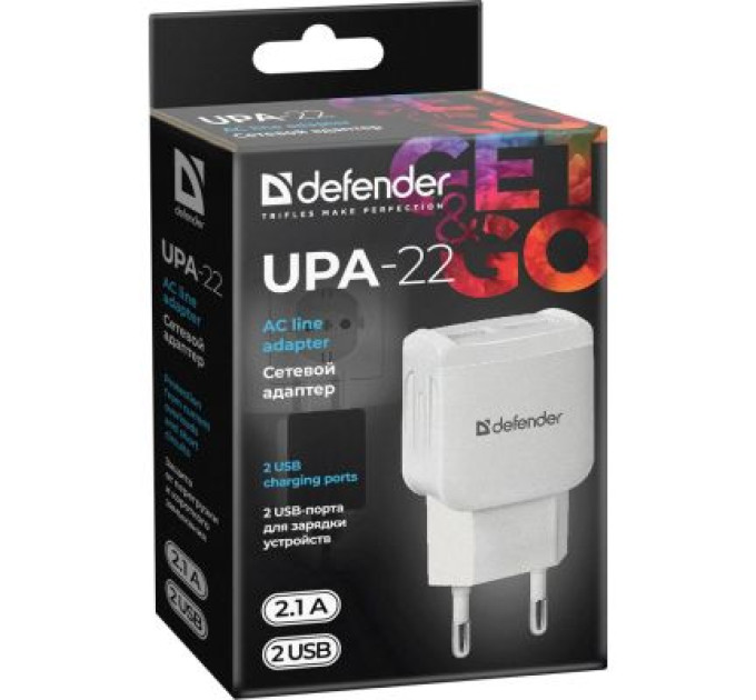 Defender Зарядний пристрій Defender UPA-22 white, 2xUSB, 2.1A (83580)
