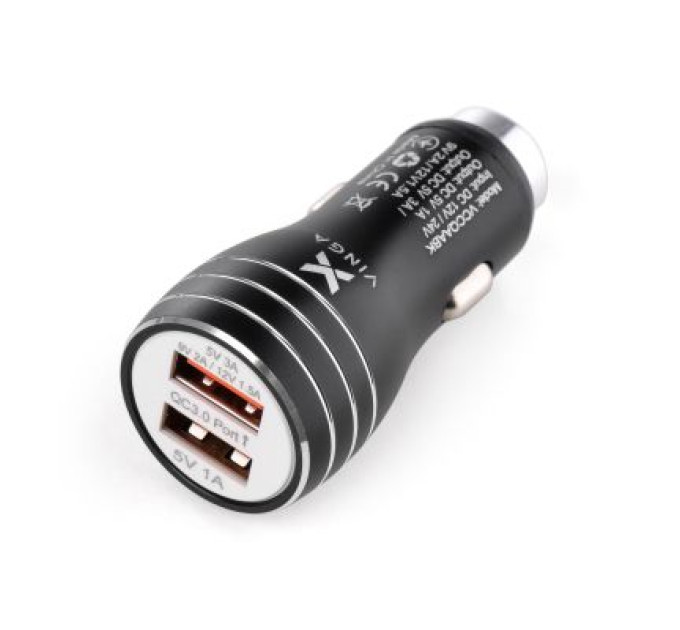 Vinga Зарядний пристрій Vinga QC3 Quick Dual USB Car Charger aluminium 18W Max (VCCQAABK)