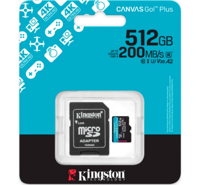 Kingston Карта пам'яті Kingston 512GB microSDXC сlass 10 UHS-I U3 V30 A2 Canvas Go Plus G4 (SDCG4/512GB)