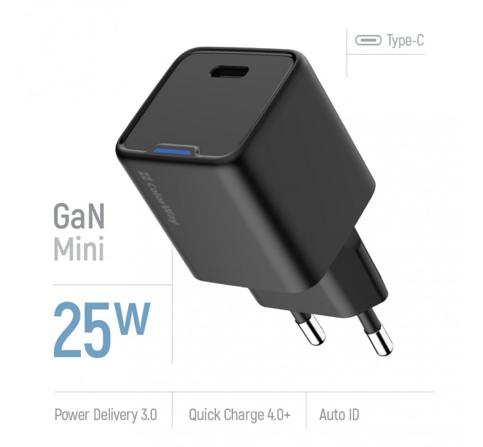 Мережевий зарядний пристрій ColorWay GaN Mini 25W PD Port PPS USB-C Black (CW-CHS052PD-BK)