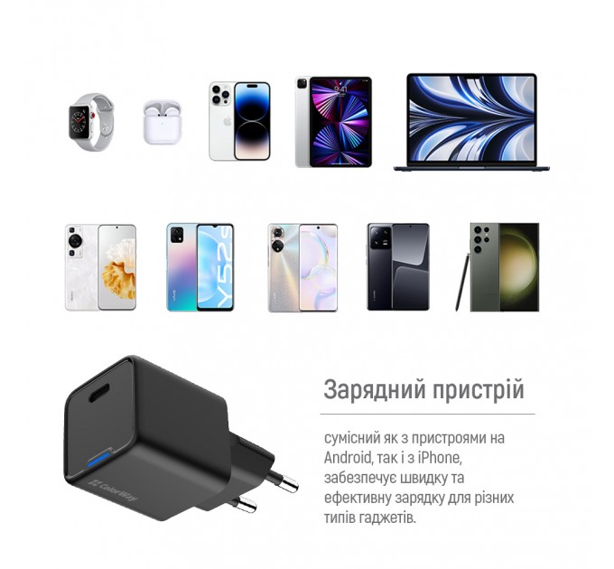 Мережевий зарядний пристрій ColorWay GaN Mini 25W PD Port PPS USB-C Black (CW-CHS052PD-BK)