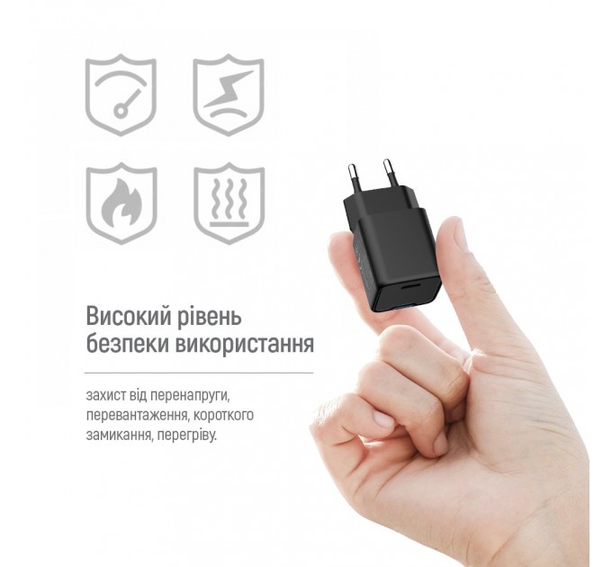Мережевий зарядний пристрій ColorWay GaN Mini 25W PD Port PPS USB-C Black (CW-CHS052PD-BK)