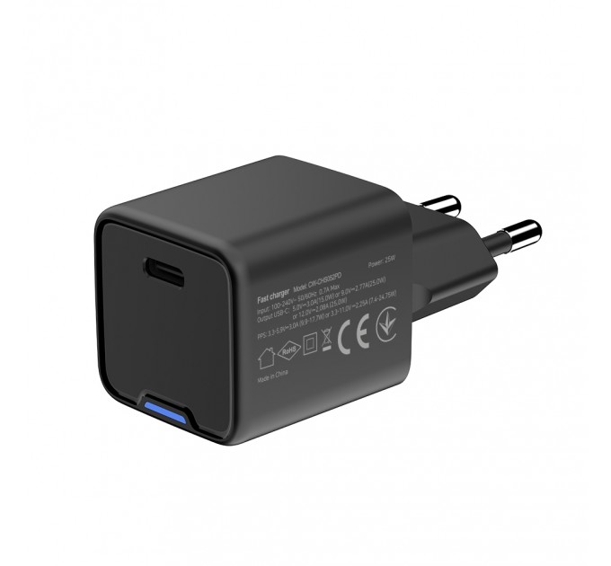 Мережевий зарядний пристрій ColorWay GaN Mini 25W PD Port PPS USB-C Black (CW-CHS052PD-BK)