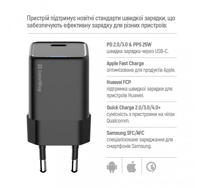 Мережевий зарядний пристрій ColorWay GaN Mini 25W PD Port PPS USB-C Black (CW-CHS052PD-BK)