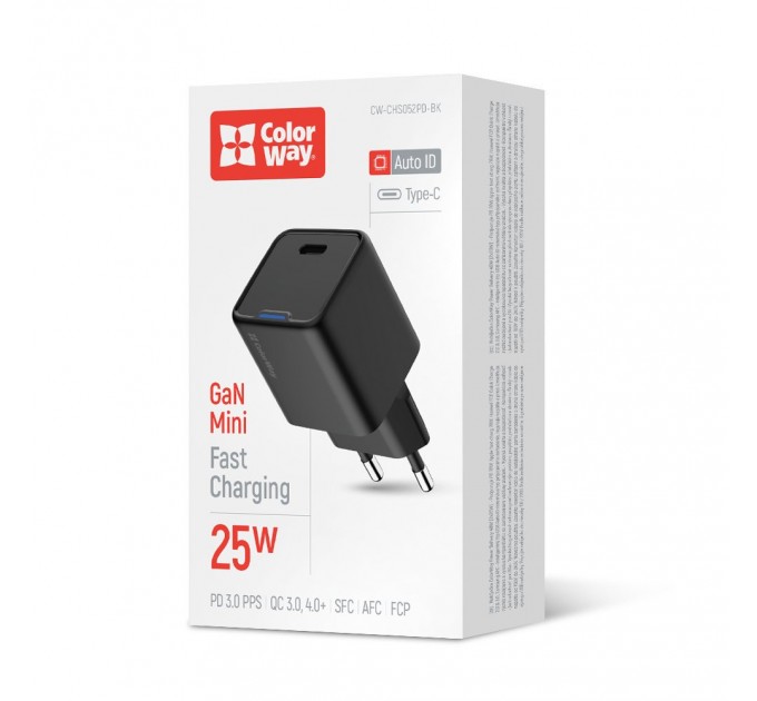 Мережевий зарядний пристрій ColorWay GaN Mini 25W PD Port PPS USB-C Black (CW-CHS052PD-BK)