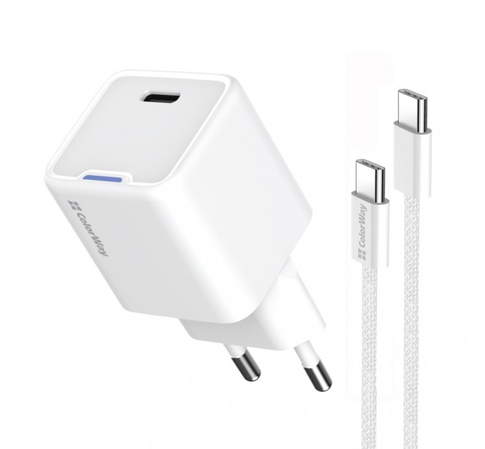 Мережевий зарядний пристрій ColorWay GaN Mini 25W PD Port PPS USB-C White (CW-CHS052PDC-WT) + кабель USB Type-C