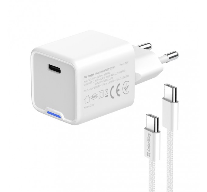 Мережевий зарядний пристрій ColorWay GaN Mini 25W PD Port PPS USB-C White (CW-CHS052PDC-WT) + кабель USB Type-C