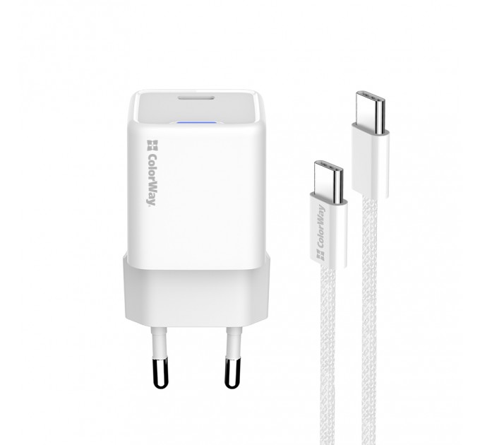 Мережевий зарядний пристрій ColorWay GaN Mini 25W PD Port PPS USB-C White (CW-CHS052PDC-WT) + кабель USB Type-C