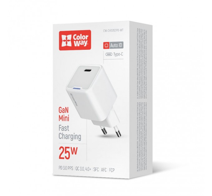ColorWay Мережевий зарядний пристрій ColorWay GaN Mini 25W PD Port PPS USB-C White (CW-CHS052PD-WT)