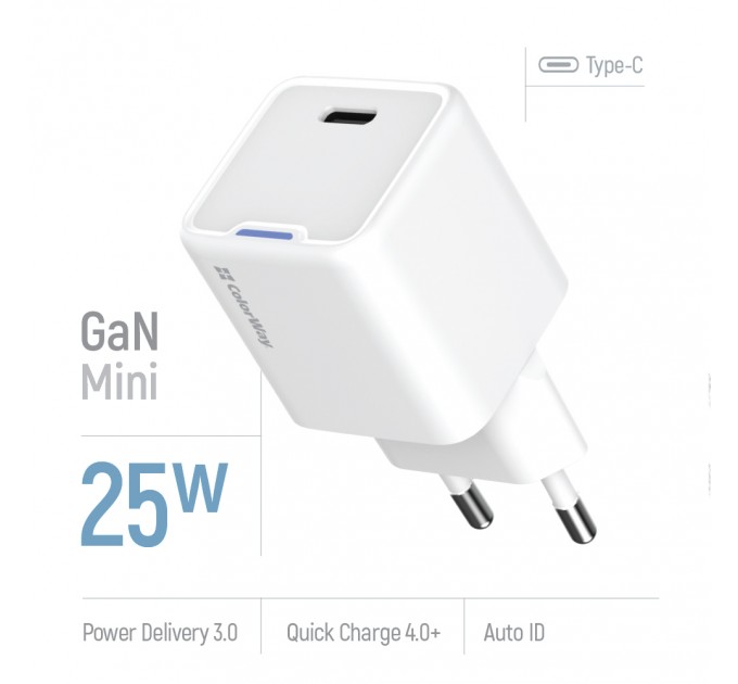 ColorWay Мережевий зарядний пристрій ColorWay GaN Mini 25W PD Port PPS USB-C White (CW-CHS052PD-WT)