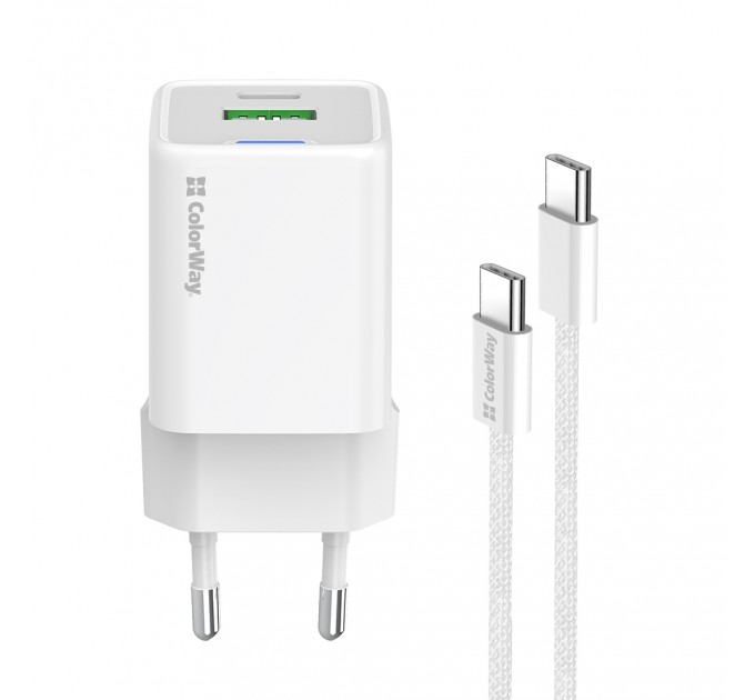 ColorWay Мережевий зарядний пристрій ColorWay GaN Mini 30W PD Port PPS USB (Type-C PD + USB QC4.0) White (CW-CHS053PDC-WT) + кабель USB Type-C