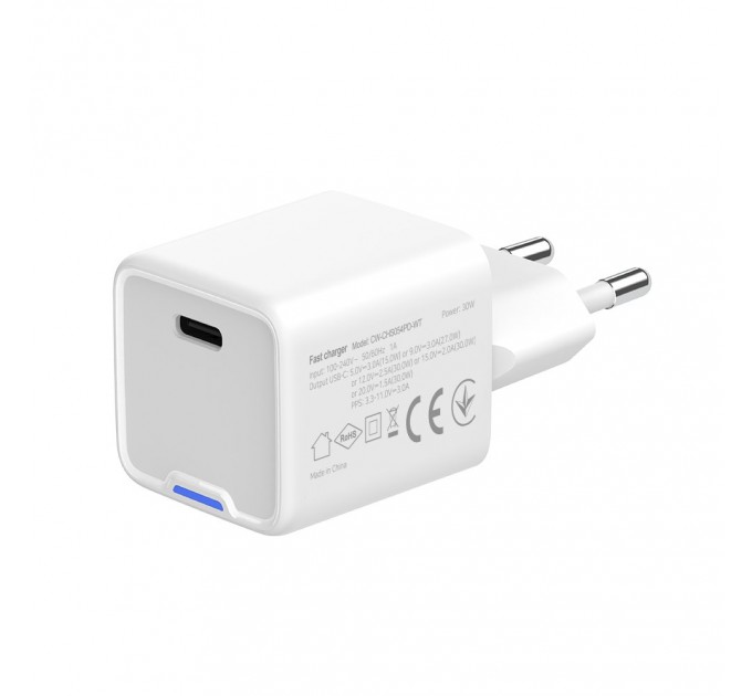 ColorWay Мережевий зарядний пристрій ColorWay GaN Mini 30W PD Port PPS USB-C White (CW-CHS054PD-WT)