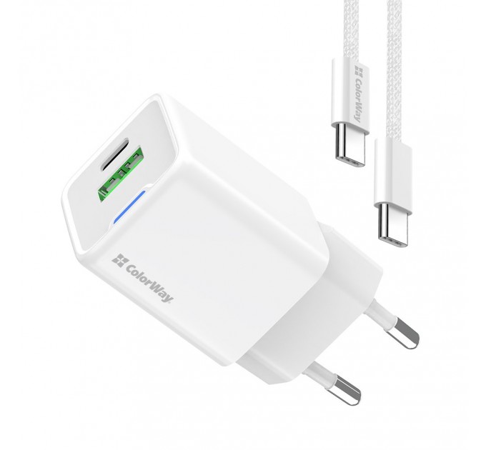 Мережевий зарядний пристрій ColorWay GaN Mini 35W PD Port PPS USB (Type-C PD + USB QC4.0) White (CW-CHS055PDC-WT) + кабель USB Type-C