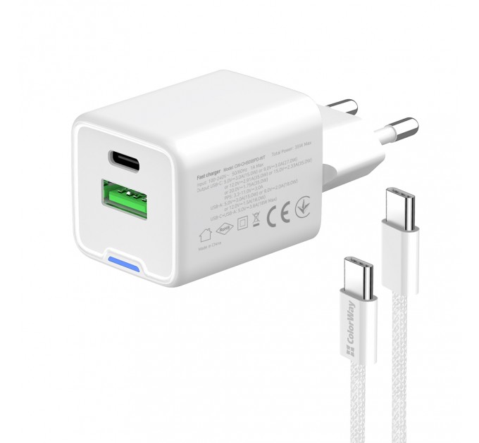 Мережевий зарядний пристрій ColorWay GaN Mini 35W PD Port PPS USB (Type-C PD + USB QC4.0) White (CW-CHS055PDC-WT) + кабель USB Type-C