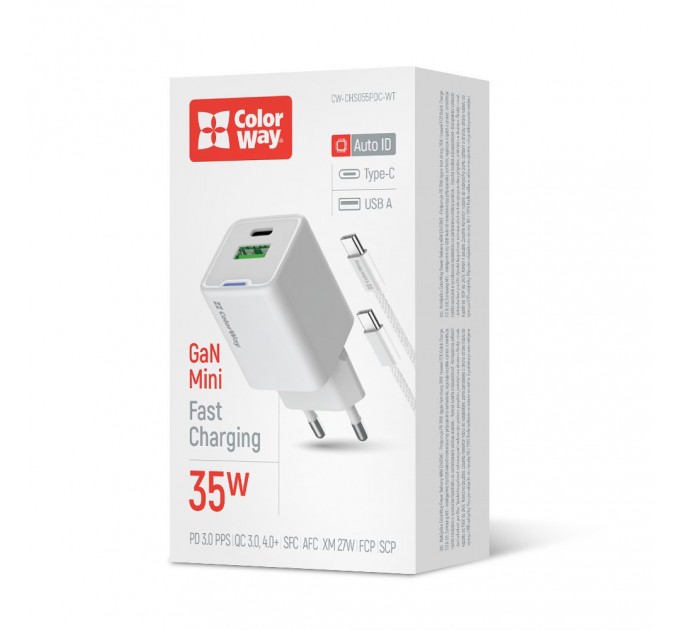 Мережевий зарядний пристрій ColorWay GaN Mini 35W PD Port PPS USB (Type-C PD + USB QC4.0) White (CW-CHS055PDC-WT) + кабель USB Type-C