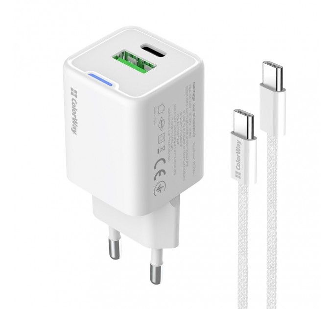 Мережевий зарядний пристрій ColorWay GaN Mini 35W PD Port PPS USB (Type-C PD + USB QC4.0) White (CW-CHS055PDC-WT) + кабель USB Type-C