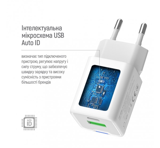 Мережевий зарядний пристрій ColorWay GaN Mini 35W PD Port PPS USB (Type-C PD + USB QC4.0) White (CW-CHS055PDC-WT) + кабель USB Type-C
