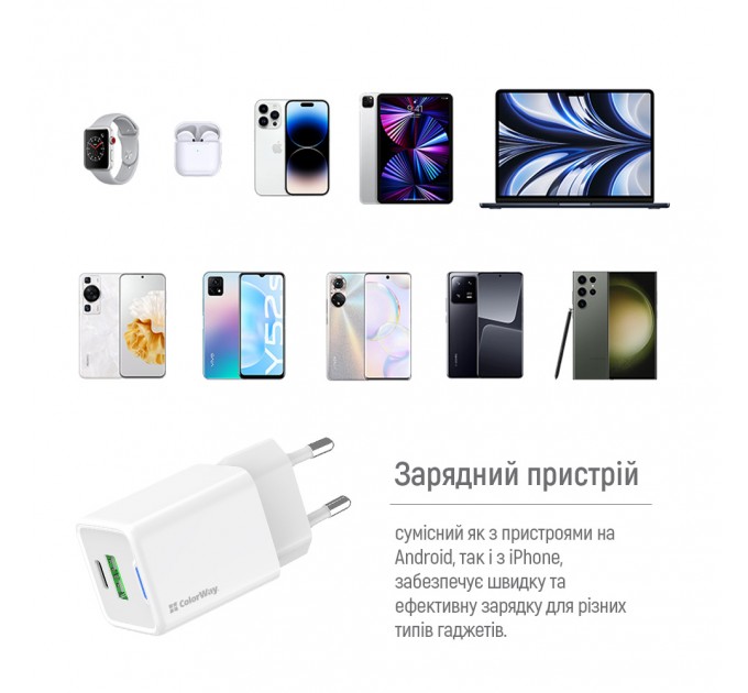 Мережевий зарядний пристрій ColorWay GaN Mini 35W PD Port PPS USB (Type-C PD + USB QC4.0) White (CW-CHS055PD-WT)