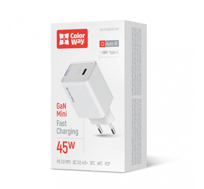 Мережевий зарядний пристрій ColorWay GaN Mini 45W PD Port PPS USB-C White (CW-CHS057PD-WT)