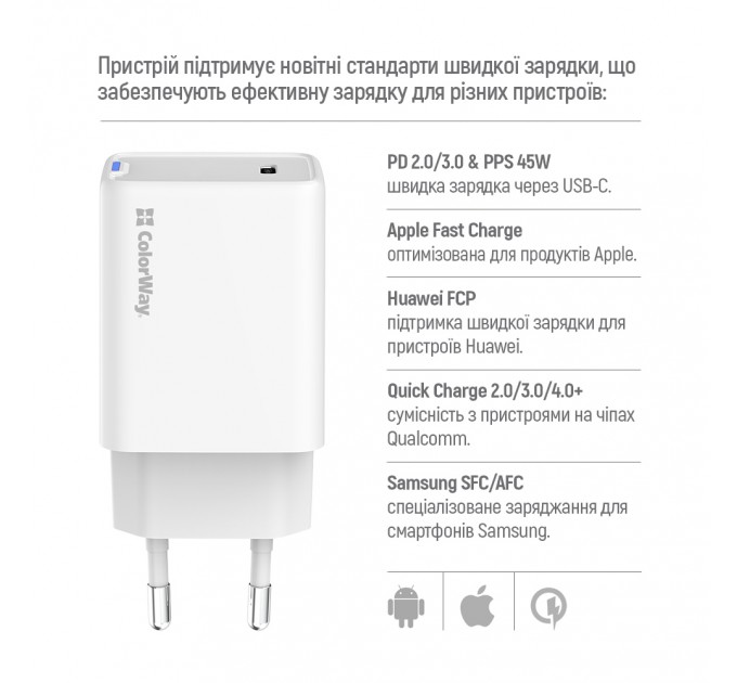 Мережевий зарядний пристрій ColorWay GaN Mini 45W PD Port PPS USB-C White (CW-CHS057PD-WT)