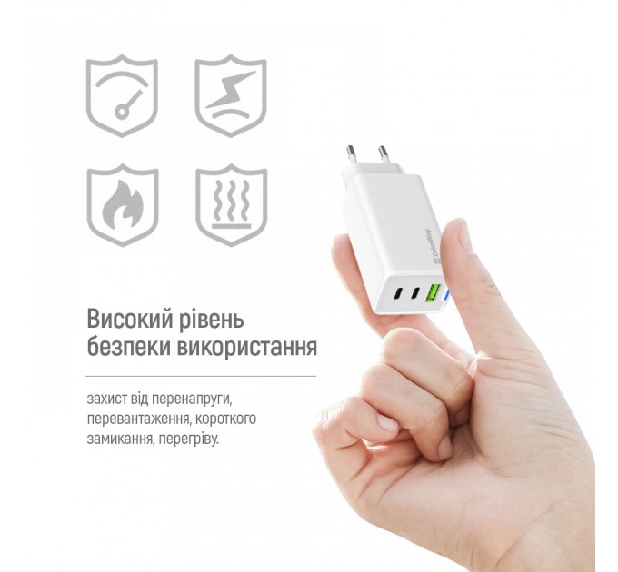 Мережевий зарядний пристрій ColorWay GaN Mini 65W PD Port PPS USB (USB-2C1A) White (CW-CHS058PD-WT)