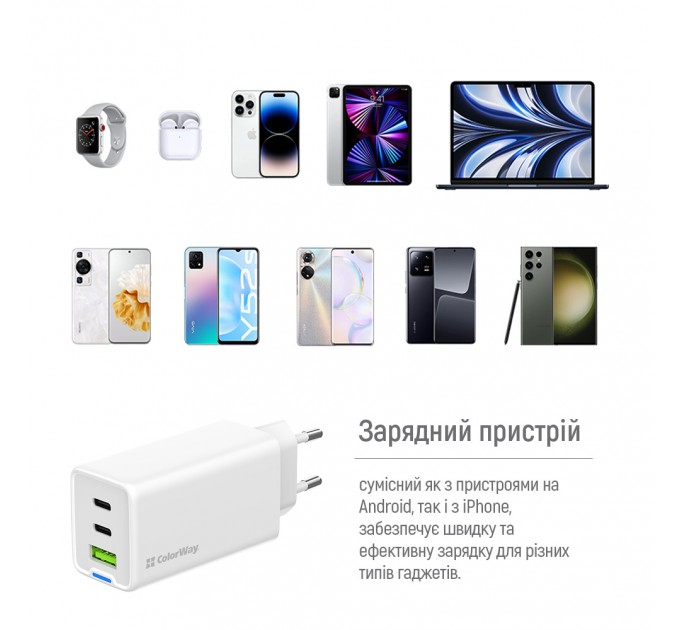 Мережевий зарядний пристрій ColorWay GaN Mini 65W PD Port PPS USB (USB-2C1A) White (CW-CHS058PD-WT)
