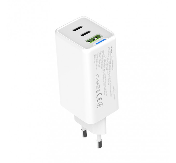 Мережевий зарядний пристрій ColorWay GaN Mini 65W PD Port PPS USB (USB-2C1A) White (CW-CHS058PD-WT)