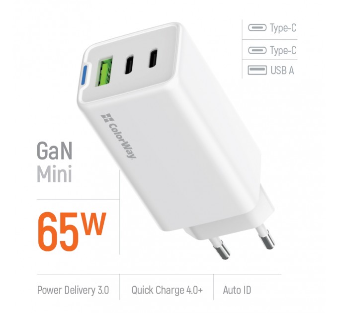 Мережевий зарядний пристрій ColorWay GaN Mini 65W PD Port PPS USB (USB-2C1A) White (CW-CHS058PD-WT)