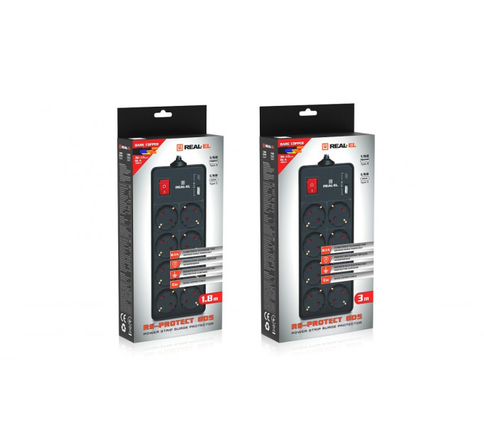 REAL-EL Фільтр живлення REAL-EL RS-Protect 805 3м Black (EL122300043)