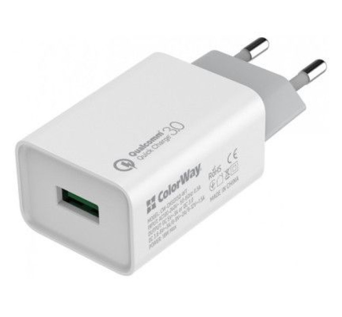 ColorWay Зарядний пристрій ColorWay 1USB Quick Charge 3.0 (18W) (CW-CHS013Q-WT)