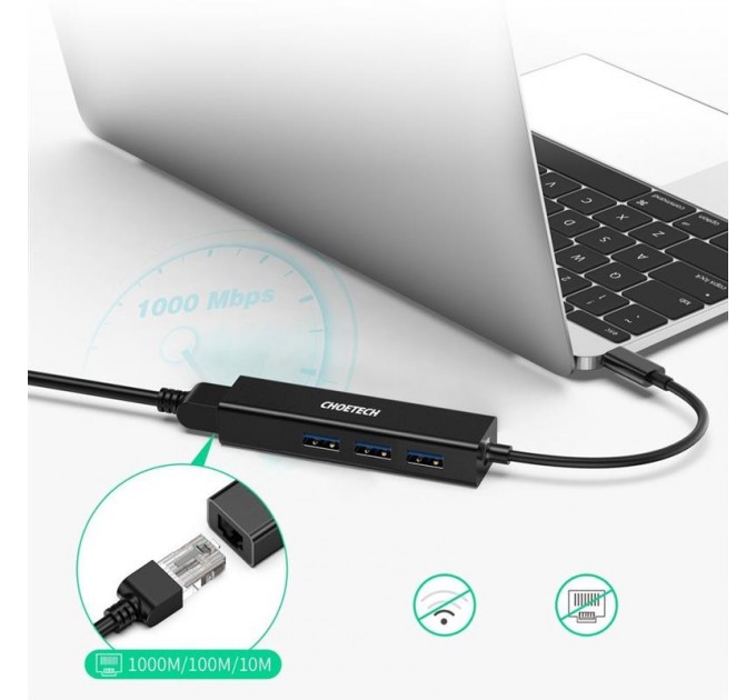 Мережевий адаптер Choetech HUB-U02 4-In-1 USB-C to RJ45