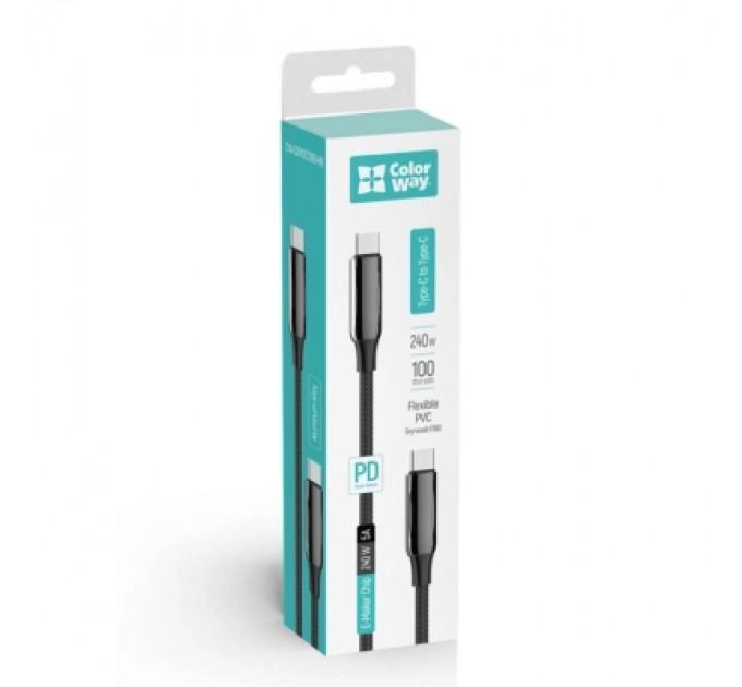 Дата кабель USB-C to USB-C 2.0m (PVC+Aluminum Alloy) (PD Fast Charging 240W) 5А black ColorWay (CW-CBPDCC070-BK)