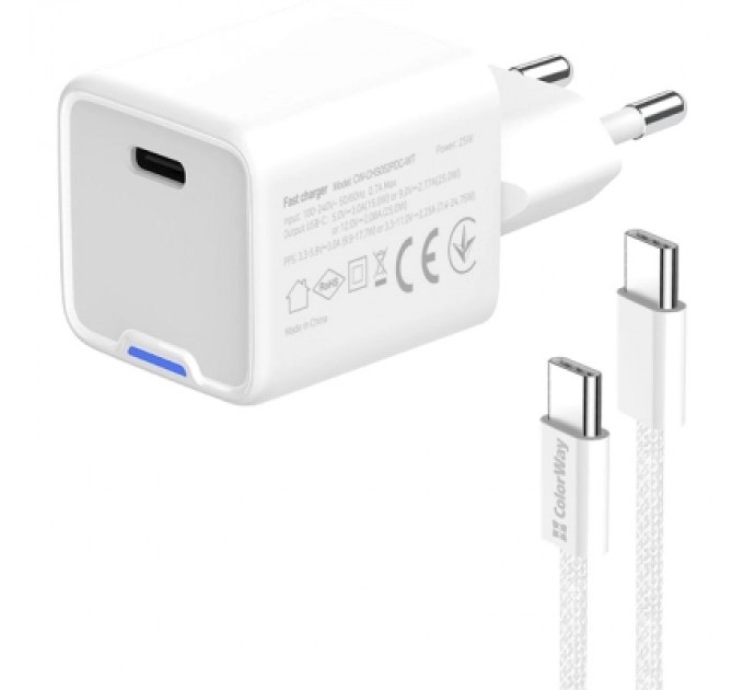 ColorWay Зарядний пристрій ColorWay GaN Mini 25W PD Port PPS USB-C white cable Type-C (CW-CHS052PDC-WT)