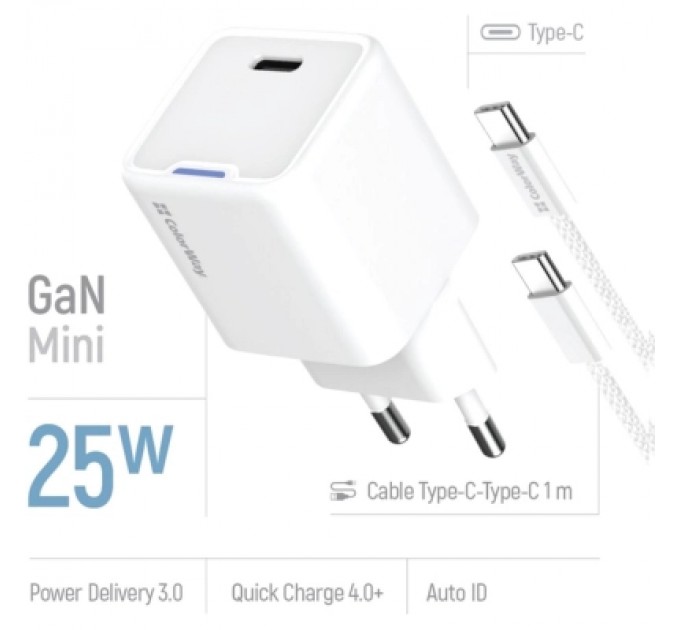 ColorWay Зарядний пристрій ColorWay GaN Mini 25W PD Port PPS USB-C white cable Type-C (CW-CHS052PDC-WT)