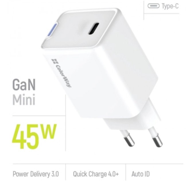 Зарядний пристрій ColorWay GaN Mini 45W PD Port PPS USB-C white (CW-CHS057PD-WT)