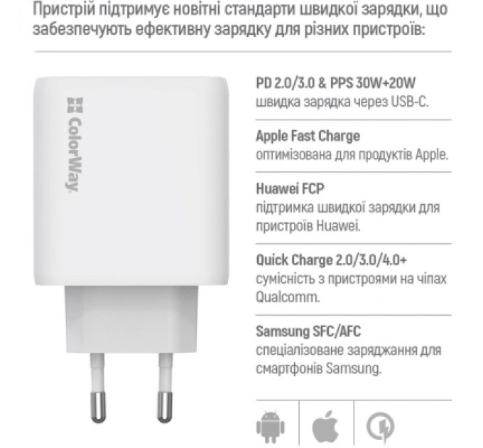 Зарядний пристрій ColorWay GaN Mini 50W PD Port PPS USB (Type-C PD 30W + Type-C PD 20W) white (CW-CHS050PD-WT)