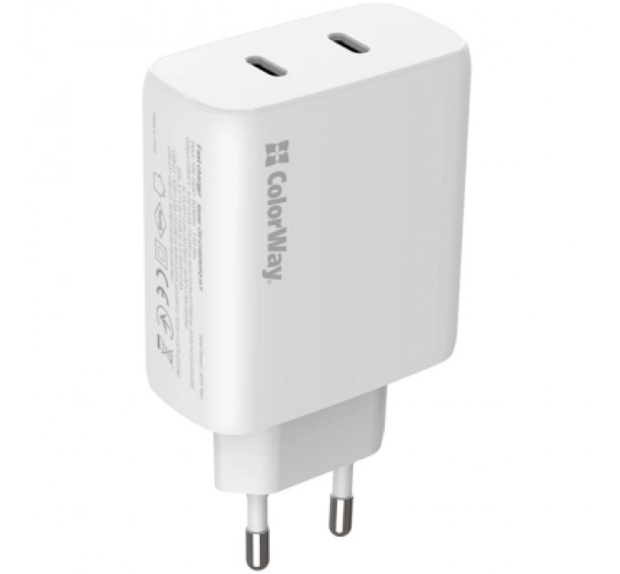 Зарядний пристрій ColorWay GaN Mini 50W PD Port PPS USB (Type-C PD 30W + Type-C PD 20W) white (CW-CHS050PD-WT)