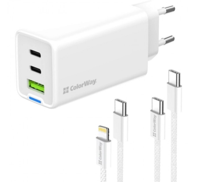 Зарядний пристрій ColorWay GaN Mini 65W PD Port PPS USB (USB-2C1A) cable Type-C&Lightning (CW-CHS058PDCL-WT)